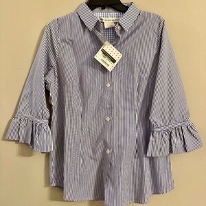 NWT Gretchen Scott Priss Brooks Navy & White Striped Ruffle Cuff Blouse – Medium